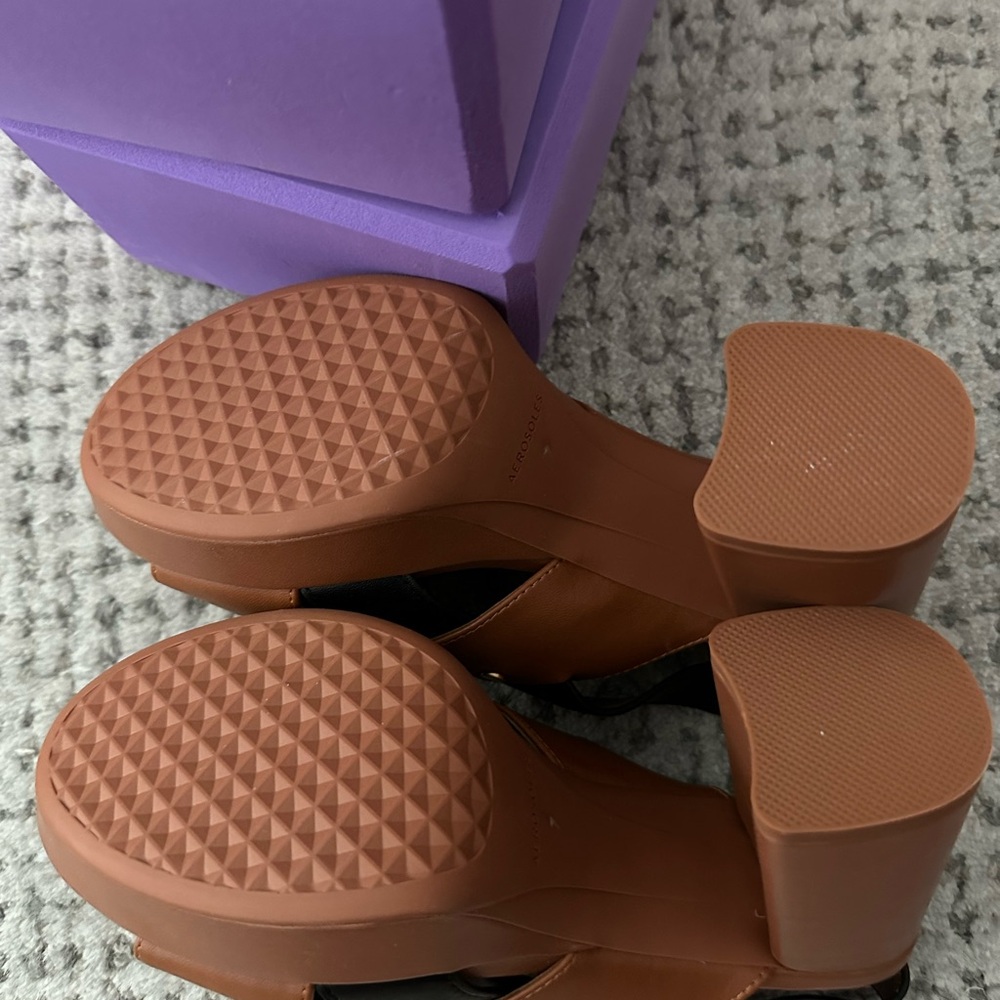 Aerosoles Brown and Black Platform Sandals with Gold Buckle - Picture 6 of 7